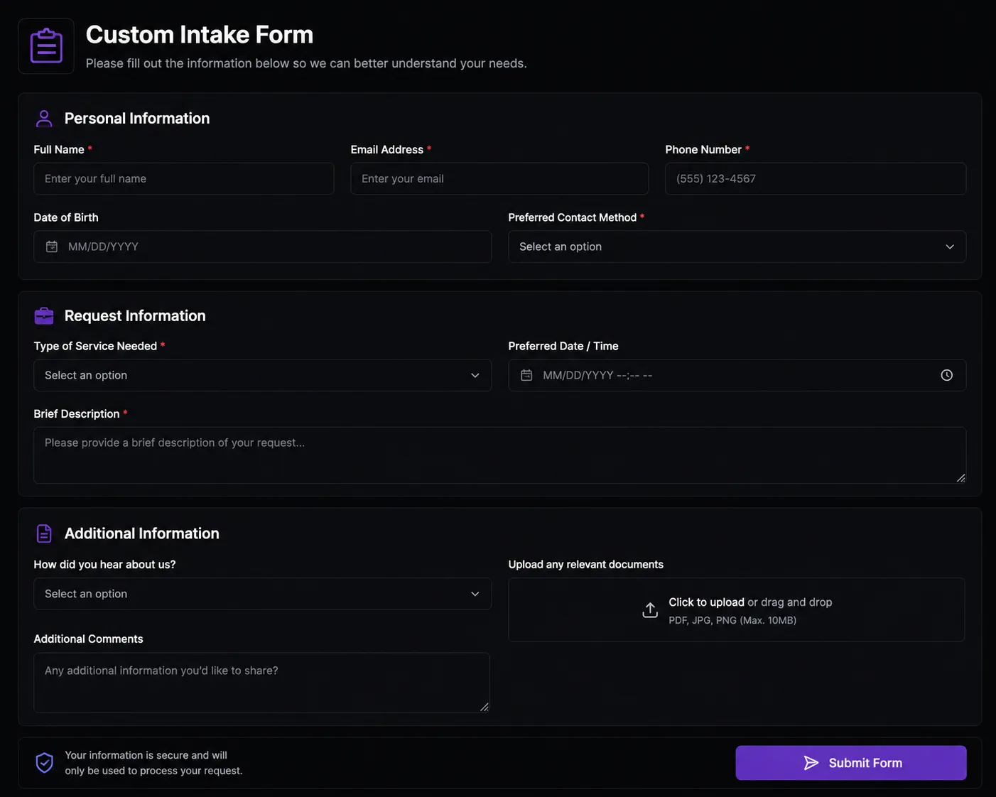 A branded client intake form built from custom fields