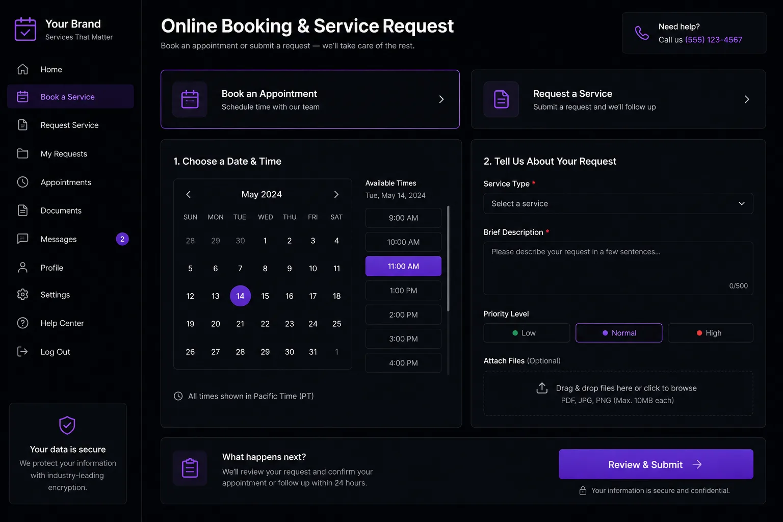 An online booking screen with a calendar and time picker beside a service request form